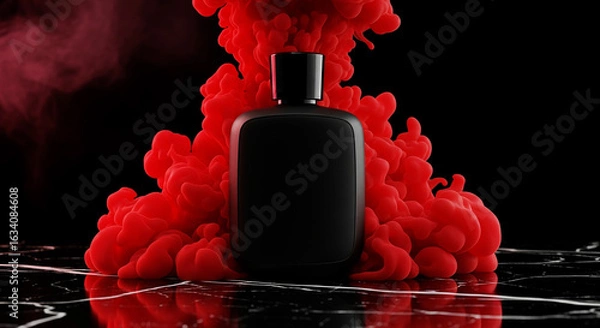 Obraz Short Designer Black Bottle with Red Smoke on Marble Surface in Dark Studio Setting