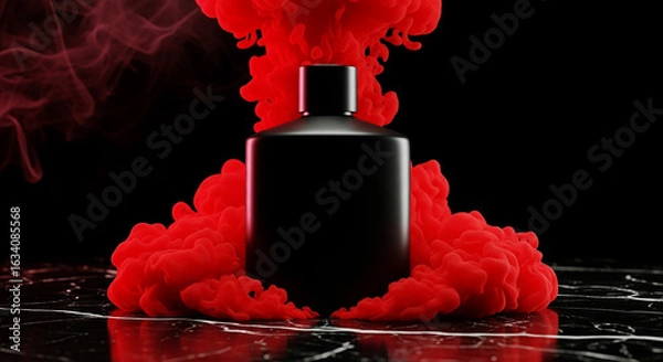Obraz Short Designer Black Bottle with Red Smoke on Marble Surface in Dark Studio Setting