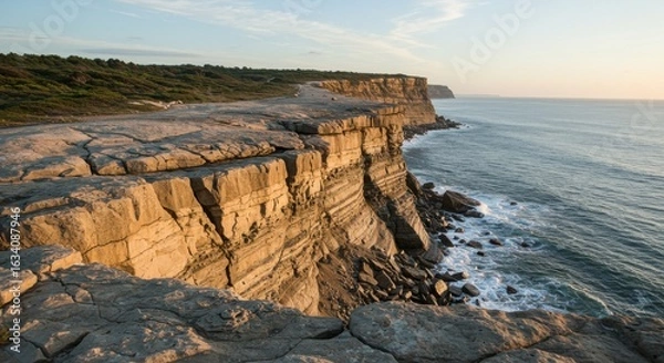 Obraz Dramatic coastal cliffs at sunrise with foamy waves