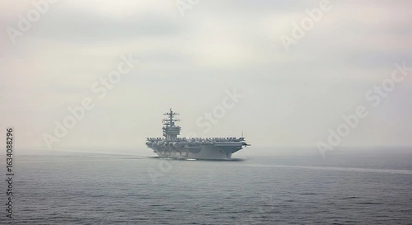 Fototapeta Massive grey aircraft carrier underway on a vast, calm ocean under a hazy, overcast sky, showcasing naval power and maritime operations.