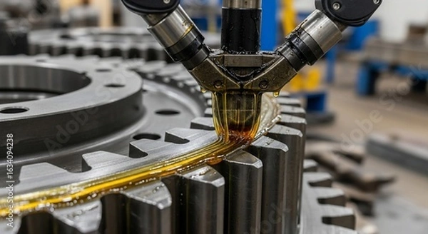 Fototapeta Precision lubrication of large industrial gear by automated machine in manufacturing plant