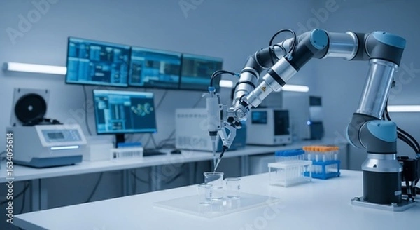 Fototapeta Robotic Arm Dispensing Liquid in Beakers in a Modern Laboratory Setting