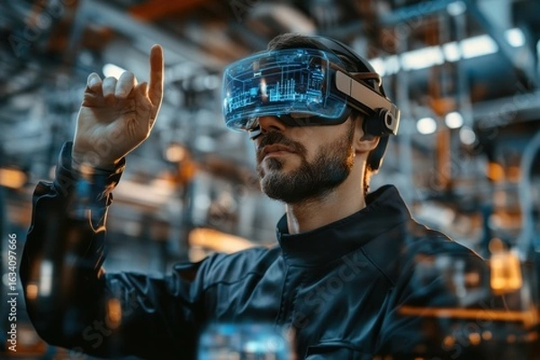 Obraz Man wearing VR headset in virtual factory simulation
