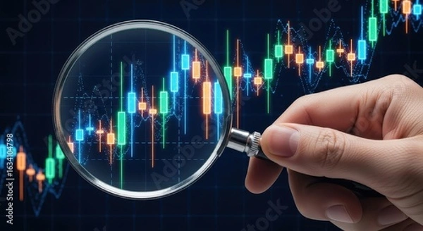 Fototapeta Examining Market Trends A Magnifying Glass Focuses on a Candlestick Chart for Data Analysis