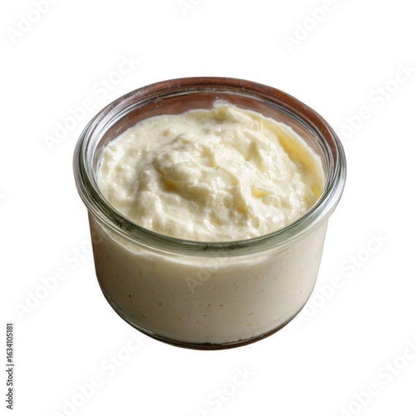 Fototapeta Creamy yogurt in a glass jar, isolated on a white background, perfect for healthy recipes, desserts, or snacking.