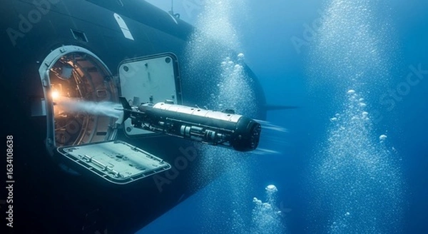 Fototapeta Underwater Launch: Submarine Deploying Unmanned Vehicle in Deep Blue Sea with Bubbles