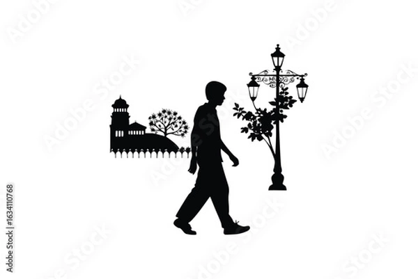 Fototapeta colorful vibrant crisp clean stylish elegant modern detailed professional high quality Serene Park Scene Couple Strolling in a Peaceful Silhouette Setting Surrounded by Trees and Birds
