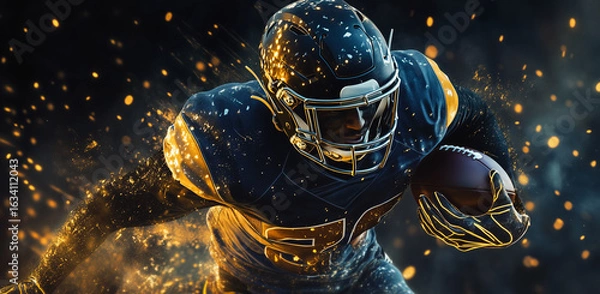Fototapeta American football player in a dark blue and gold uniform, with a helmet featuring golden accents, is running with the ball. Motion blur and particles of dust swirl around.