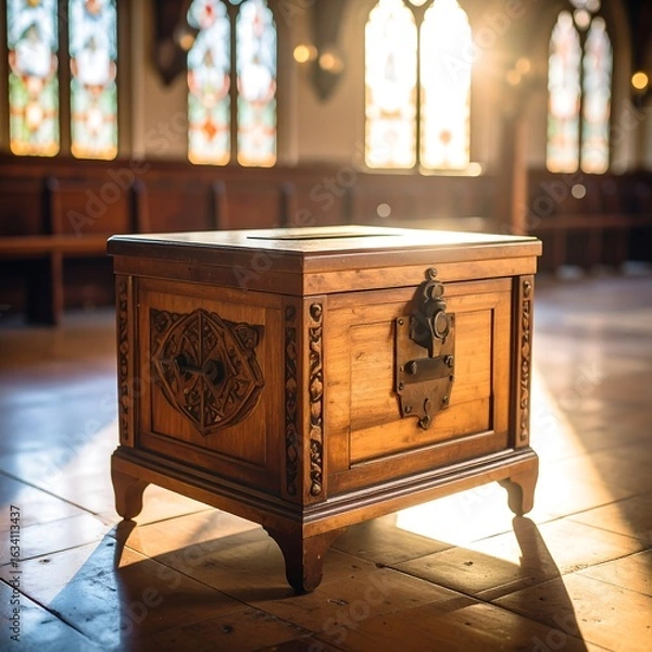 Fototapeta Ornate wooden collection box in a sunlit church, featuring intricate carvings and a metal lock. Sunlight streams through stained glass windows, casting warm light on the wooden floor.