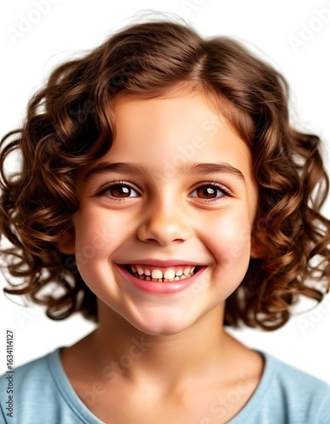 Fototapeta Close-up portrait of smiling curly girl with bright eyes on white background