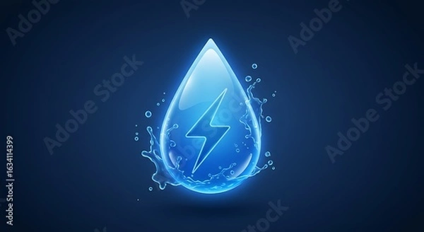 Fototapeta A futuristic blue water droplet icon fused with a lightning bolt, designed in glassmorphism style with soft blurs, translucency, and inner glow. 