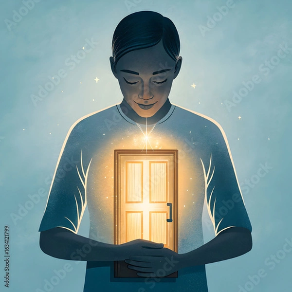 Obraz person holding a glowing door inside their chest