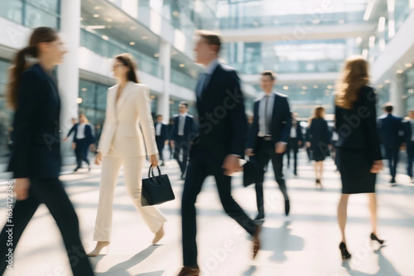 Fototapeta Blurred motion of business professionals walking through a bright modern office lobby, showcasing busy corporate activity and urban lifestyle
