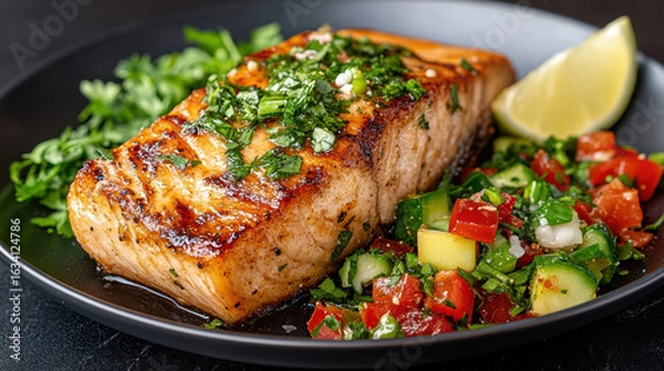 Fototapeta Grilled salmon fillet with fresh salsa and lime