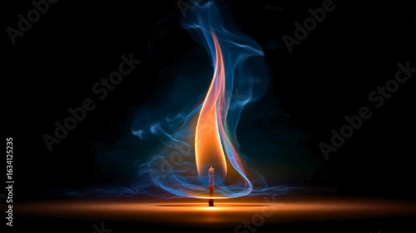 Fototapeta Burning matchstick with colorful flame and smoke on black background