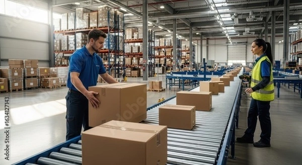 Obraz Two logistics workers sort cardboard boxes on a conveyor belt in a large distribution warehouse.