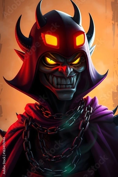 Fototapeta Cloaked villain with glowing violet eyes, every step leaving whispers of fear.