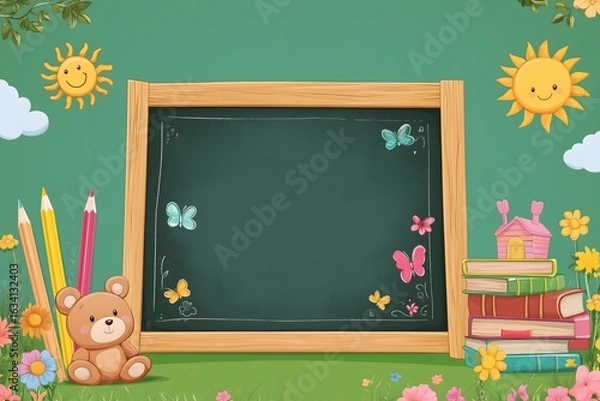 Fototapeta Cute Classroom Blackboard Background with Teddy Bear, Books, Pencils, and Colourful Flowers – Kids School Education Cartoon Illustration-Back To School