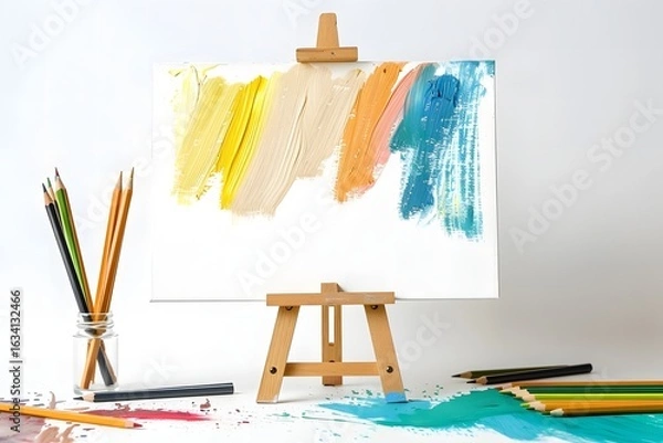 Fototapeta Children’s Art Class Concept with Pencils and Paint on Easel, Back to School