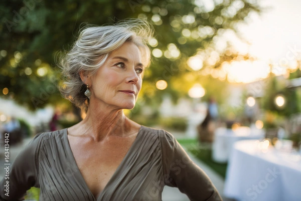 Obraz graceful senior woman standing on a patio during sunset, soft breeze in her hair, blurred trees and party table in background, serene and classy vibe 