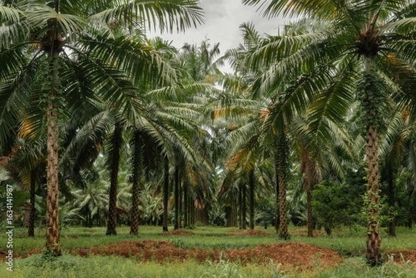 Fototapeta A panoramic shot of a vast palm oil plantation with palm trees of varying heights