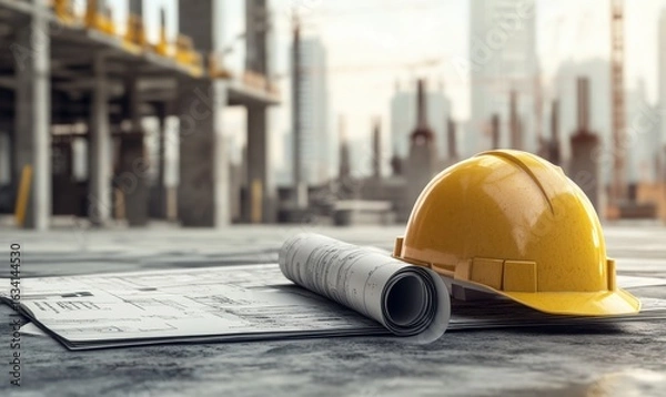 Obraz On a bustling construction site, a yellow safety helmet rests beside rolled blueprints on the ground. Skyscrapers and cranes tower in the background, indicating progress and development