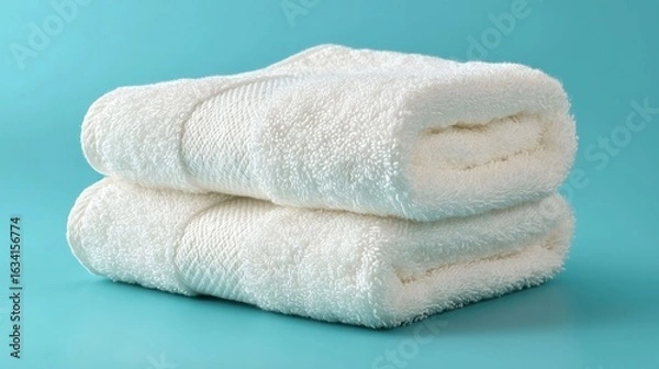 Obraz Two folded white towels on teal background
