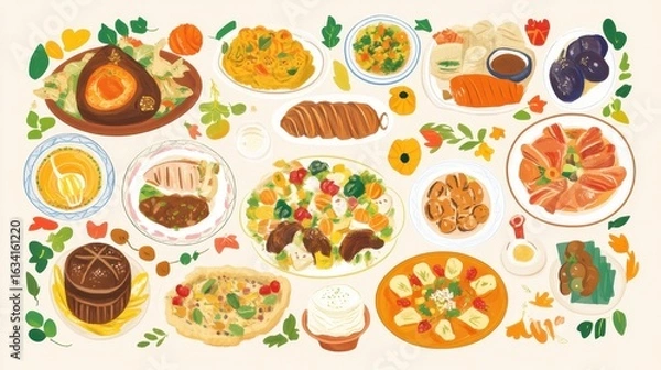 Fototapeta Colorful Arrangement of Diverse Dishes for Festive Gathering