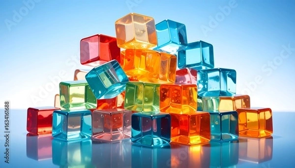 Obraz Pile of Colorful Translucent Cubes with Reflection