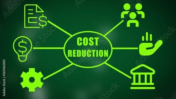 Fototapeta Cost Reduction Concept Illustration with Green Icons and Text on Dark Green Background Depicting Financial Planning and Business Strategy