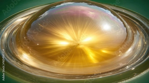 Fototapeta Abstract 3D render of glossy bubble with golden light burst and iridescent reflections on green background