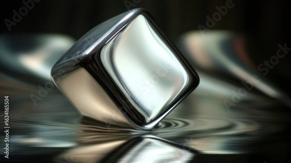 Fototapeta 3D render of smooth metallic cube on reflective liquid surface with ripples on dark background