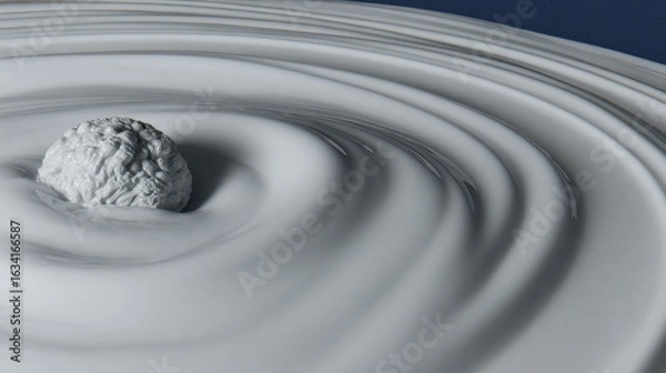 Fototapeta 3D render of textured white sphere in center of swirling white liquid on dark background