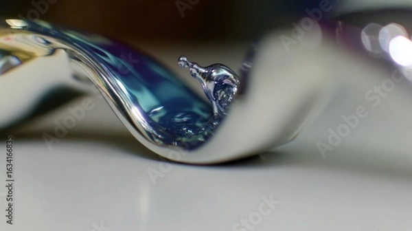 Fototapeta Macro shot of liquid metal wave with splash and colorful reflections on light background