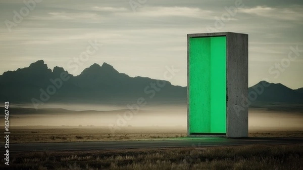 Fototapeta Vertical glowing green screen billboard set in concrete monolith on desert road with mountain background