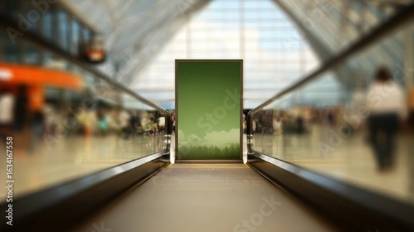 Fototapeta Vertical green screen billboard stands at end of moving walkway on blurry airport terminal background
