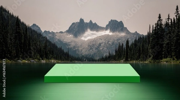 Fototapeta Green screen podium on reflective surface with mountain lake and forest background