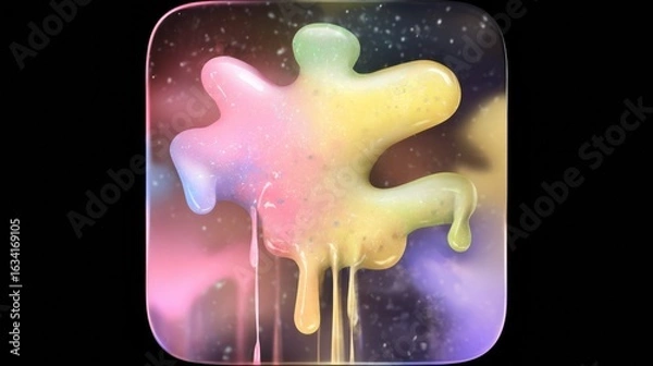 Fototapeta 3D render of app icon with colorful glossy dripping slime and glitter on dark background
