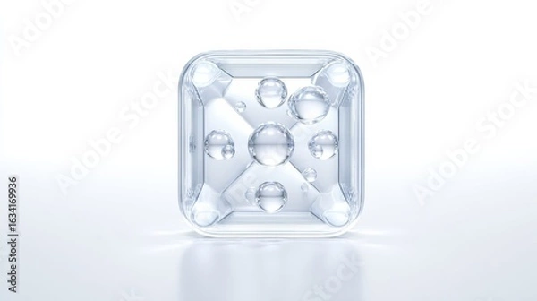 Fototapeta 3D render of glass app icon with faceted interior and clear liquid spheres on light background