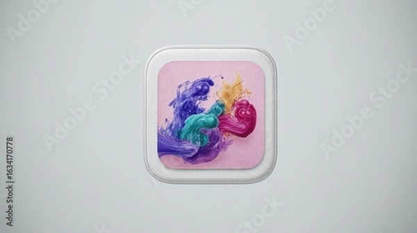 Fototapeta 3D render of app icon with colorful glossy paint splashes on textured pink base on light background