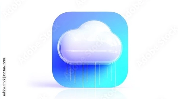 Fototapeta 3D render of glossy cloud symbol with dripping light particles on blue gradient app icon on light background