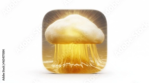 Fototapeta 3D render of glowing yellow jellyfish shape with textured cap and liquid light on light background