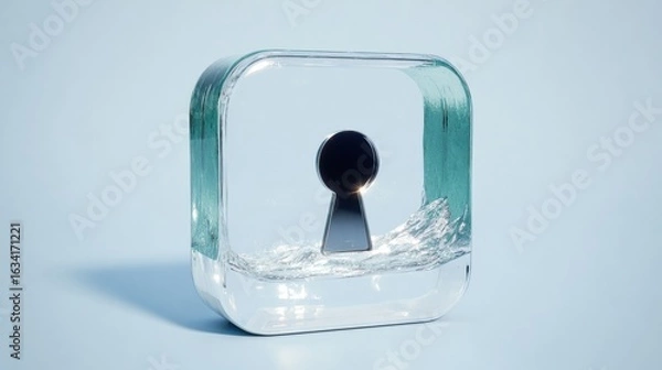 Fototapeta 3D render of glass app icon with metallic keyhole symbol and liquid splashing on light background