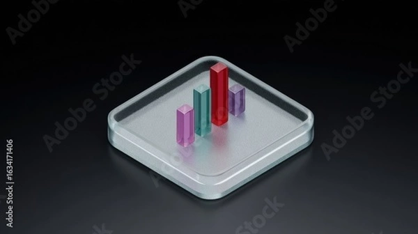 Fototapeta 3D render of frosted glass app icon with colorful vertical bars forming bar chart on dark background
