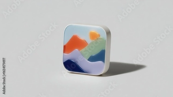 Fototapeta 3D render of stylized app icon with colorful layered mountain landscape and sun on light background
