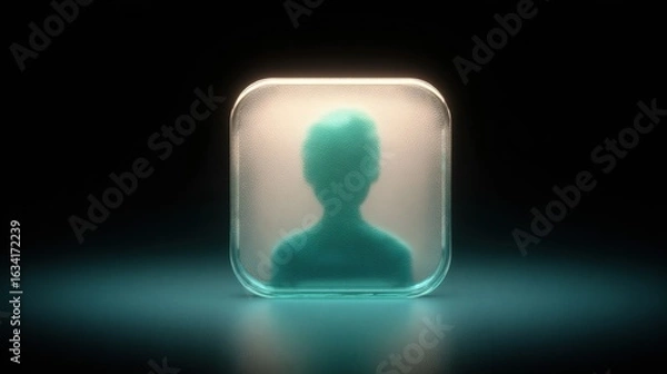 Fototapeta 3D render of green glowing frosted glass app icon with user profile silhouette on dark background