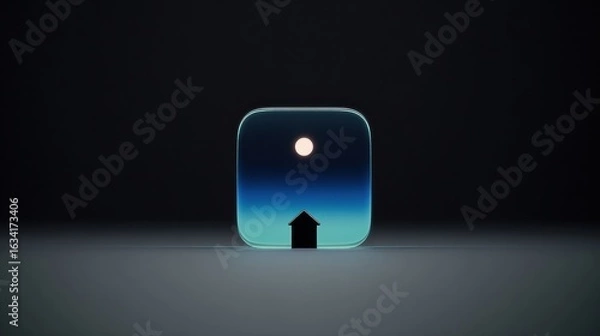 Fototapeta 3D render of glass app icon with house silhouette and glowing sphere under blue night sky on dark background