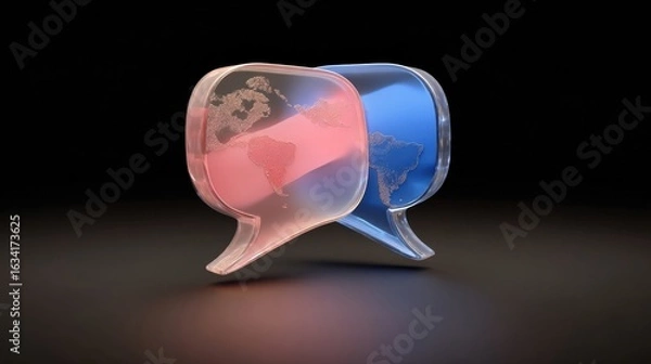 Fototapeta 3D render of red and blue glass speech bubbles with world map texture on dark background