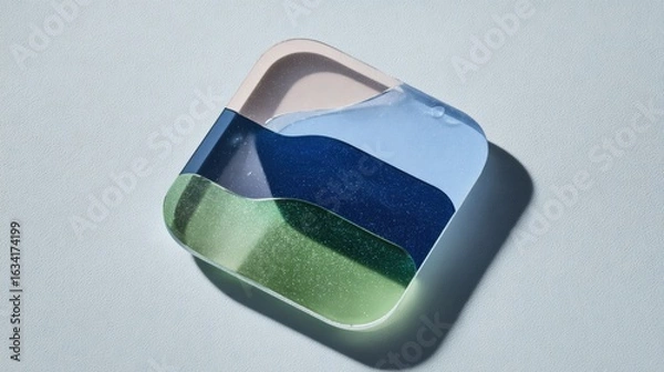 Fototapeta 3D render of glass app icon containing green and blue abstract liquid layers with glitter on light background