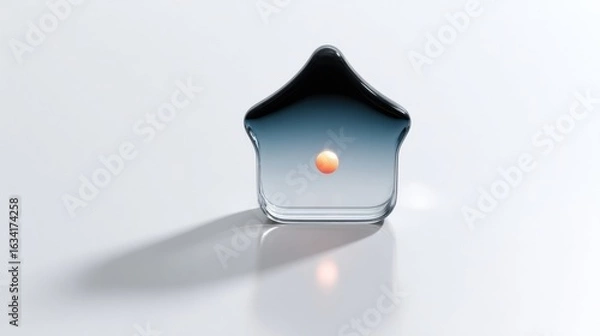 Fototapeta 3D render of glass app icon with house symbol and glowing orange sphere on light background